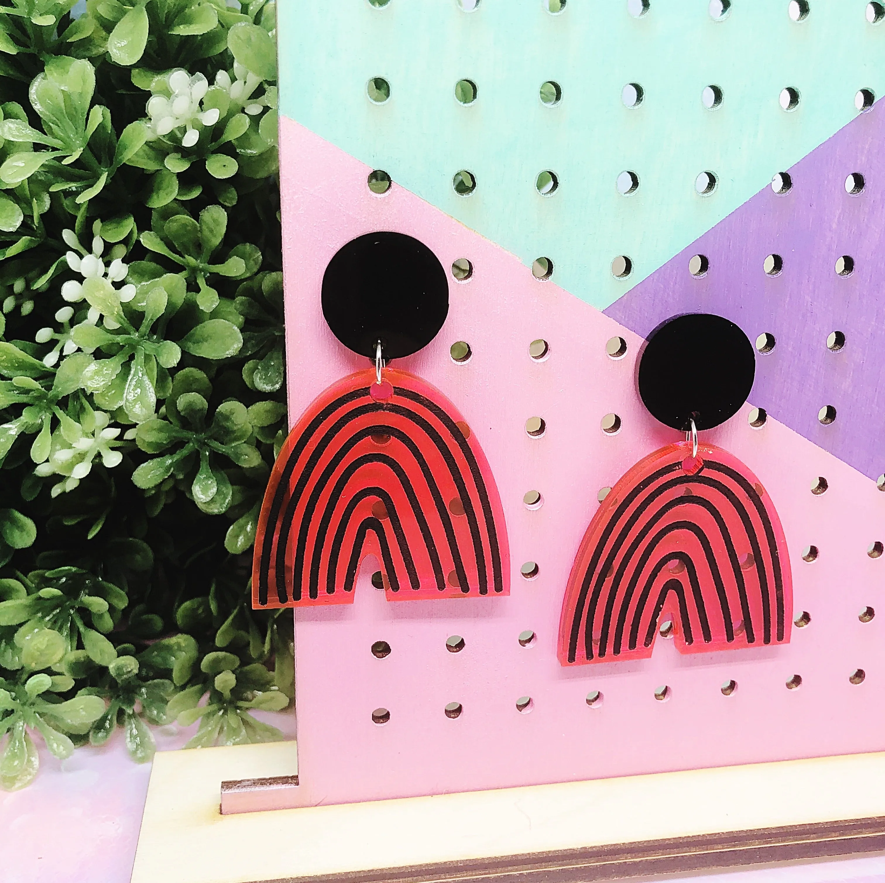 Fluorescent Pink Black Rainbow Dangle Drop Earrings