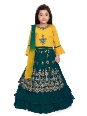 Full Sleeves Choli For Girls With Sequin Detailing Flared Lehenga & Dupatta - Yellow & Green