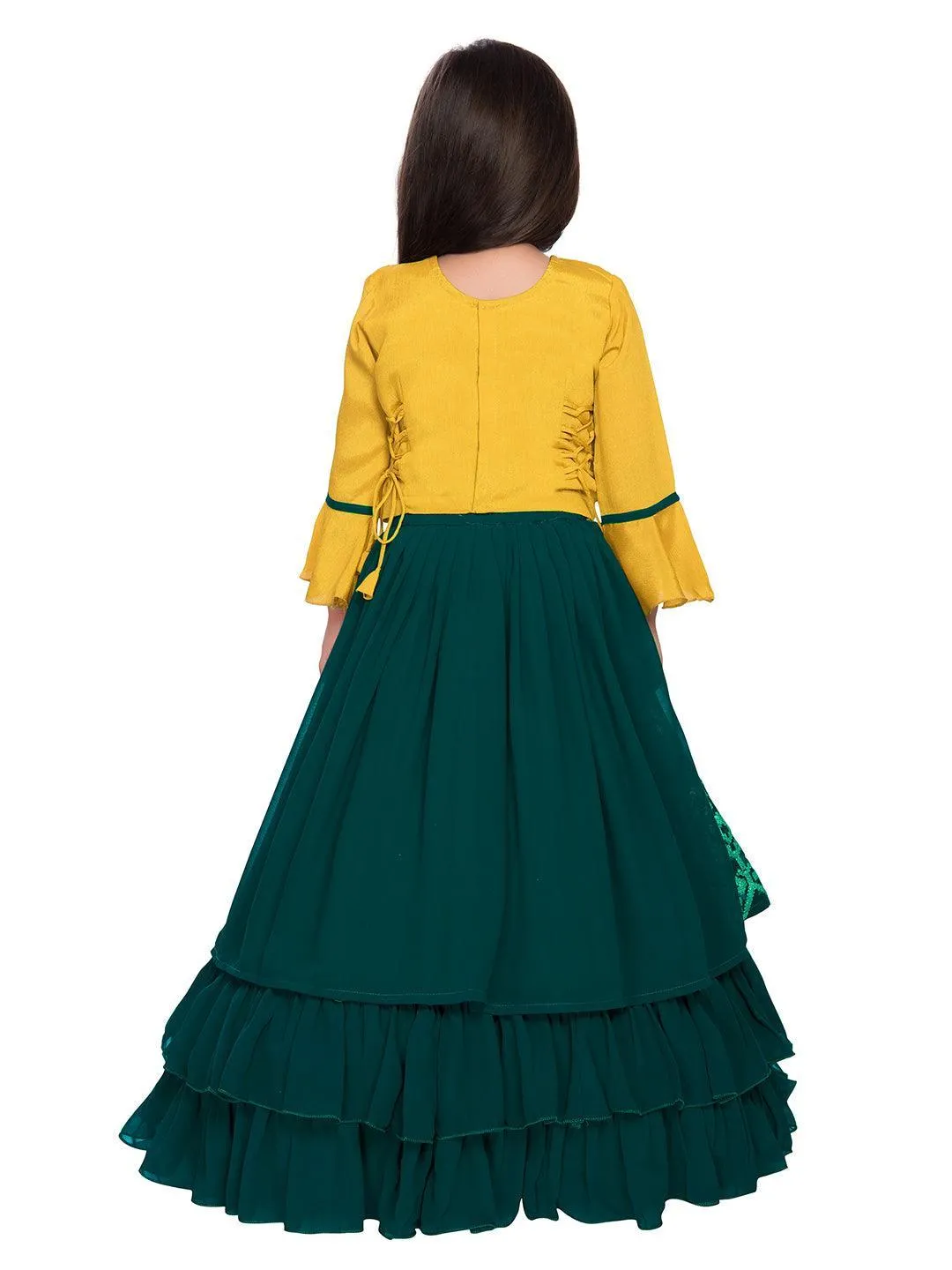 Full Sleeves Choli For Girls With Sequin Detailing Flared Lehenga & Dupatta - Yellow & Green