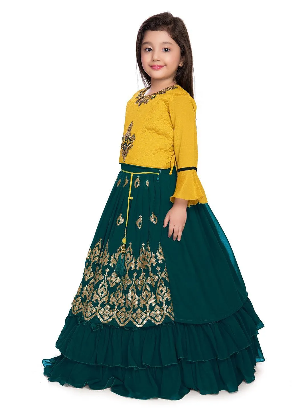 Full Sleeves Choli For Girls With Sequin Detailing Flared Lehenga & Dupatta - Yellow & Green