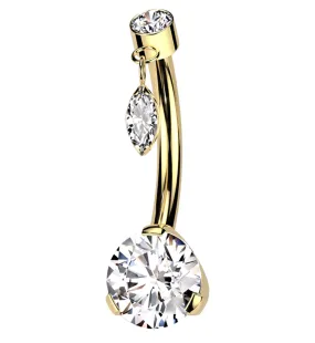 Gold PVD Oval Dangle Clear CZ Titanium Threadless Belly Button Ring