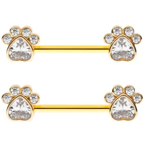 Gold PVD Paw Print Clear CZ Stainless Steel Nipple Barbell