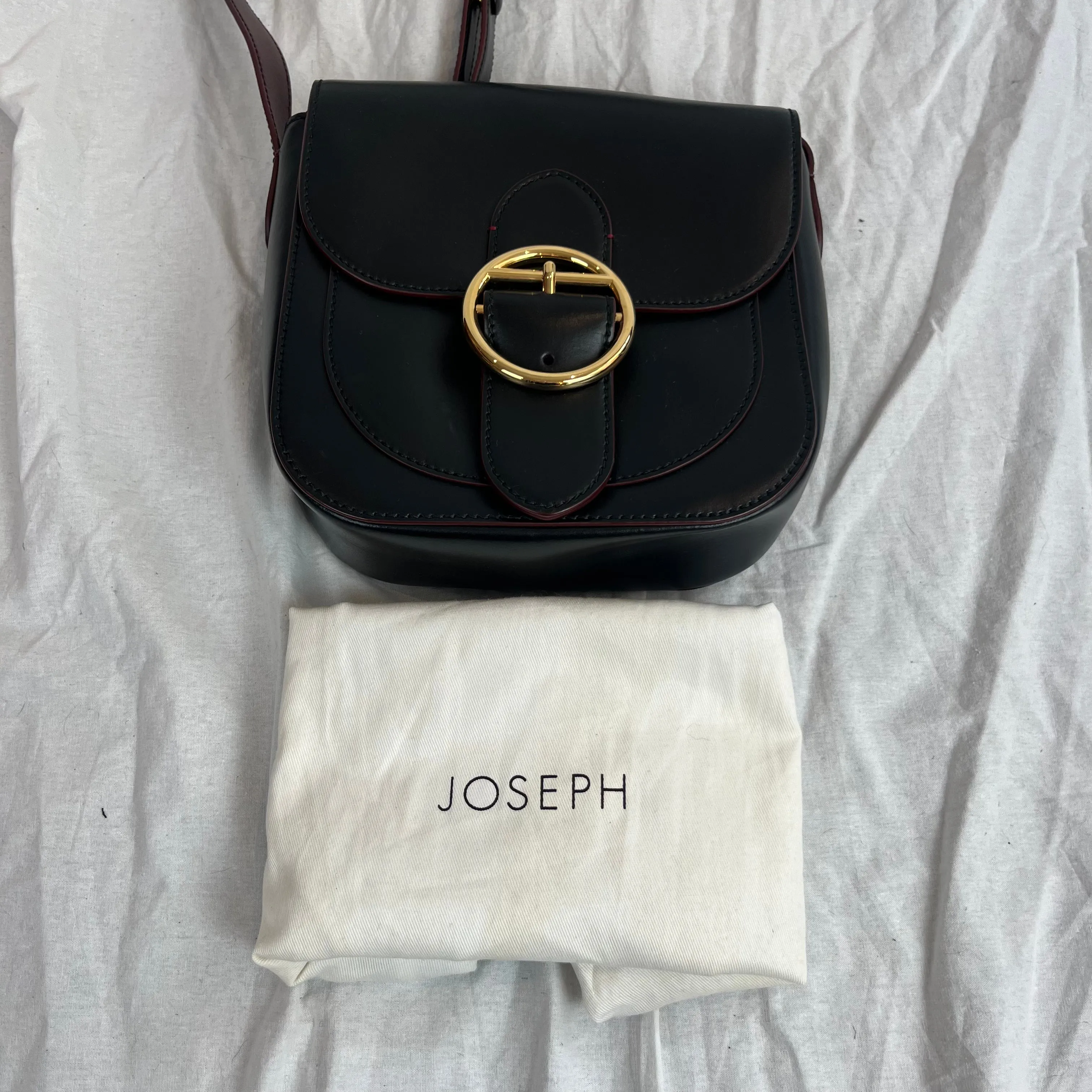 Joseph Black Leather Knight Bag with Gold Buckle