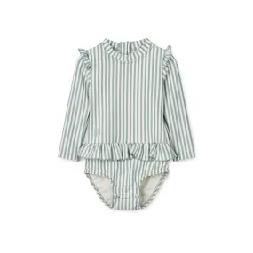 Liewood Baby Sille Long-Sleeve Seersucker Swimsuit - Sea Blue & White Stripe