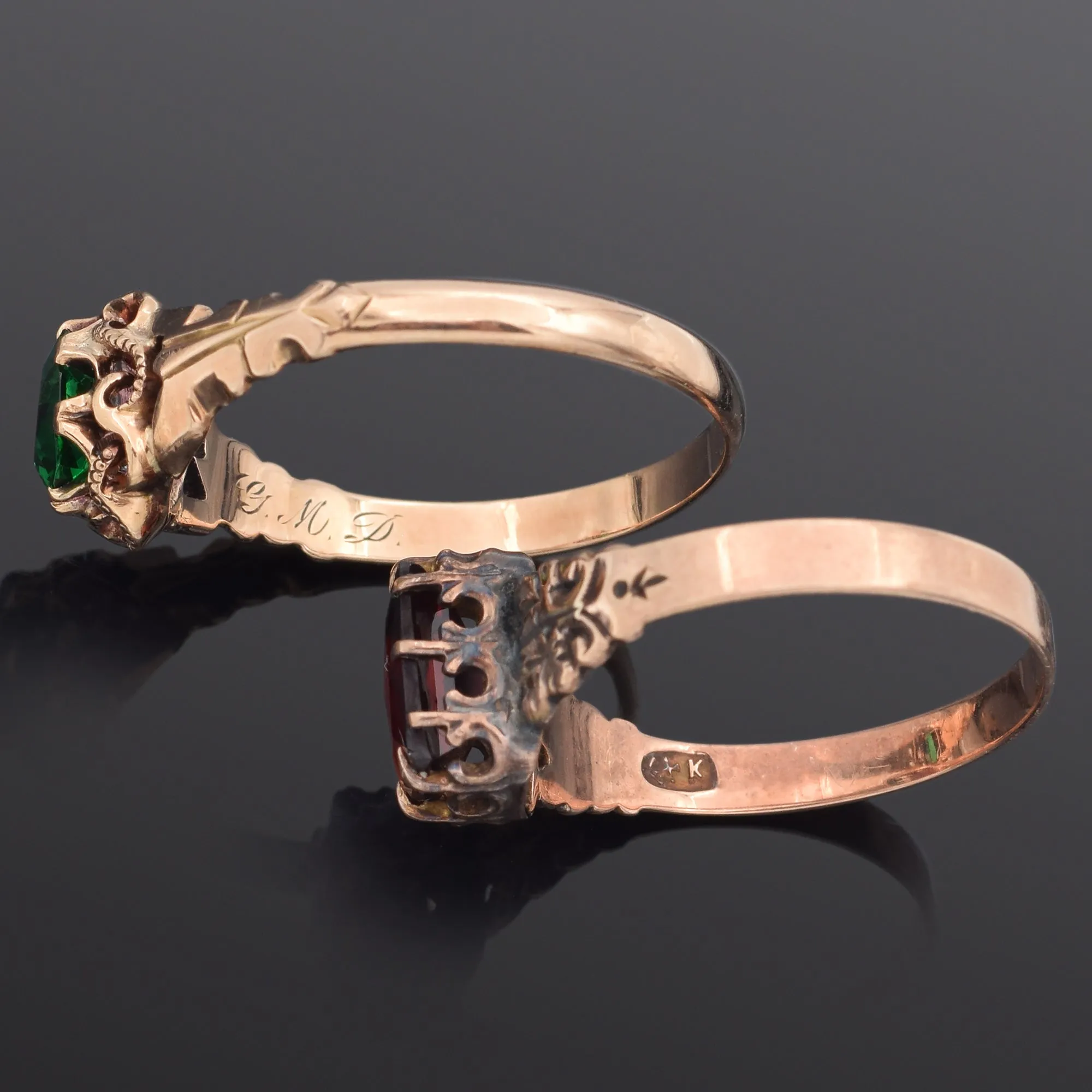 Lot of 2 Antique 10K Yellow Gold Garnet & Emerald Band Rings Size 6 & 6.75