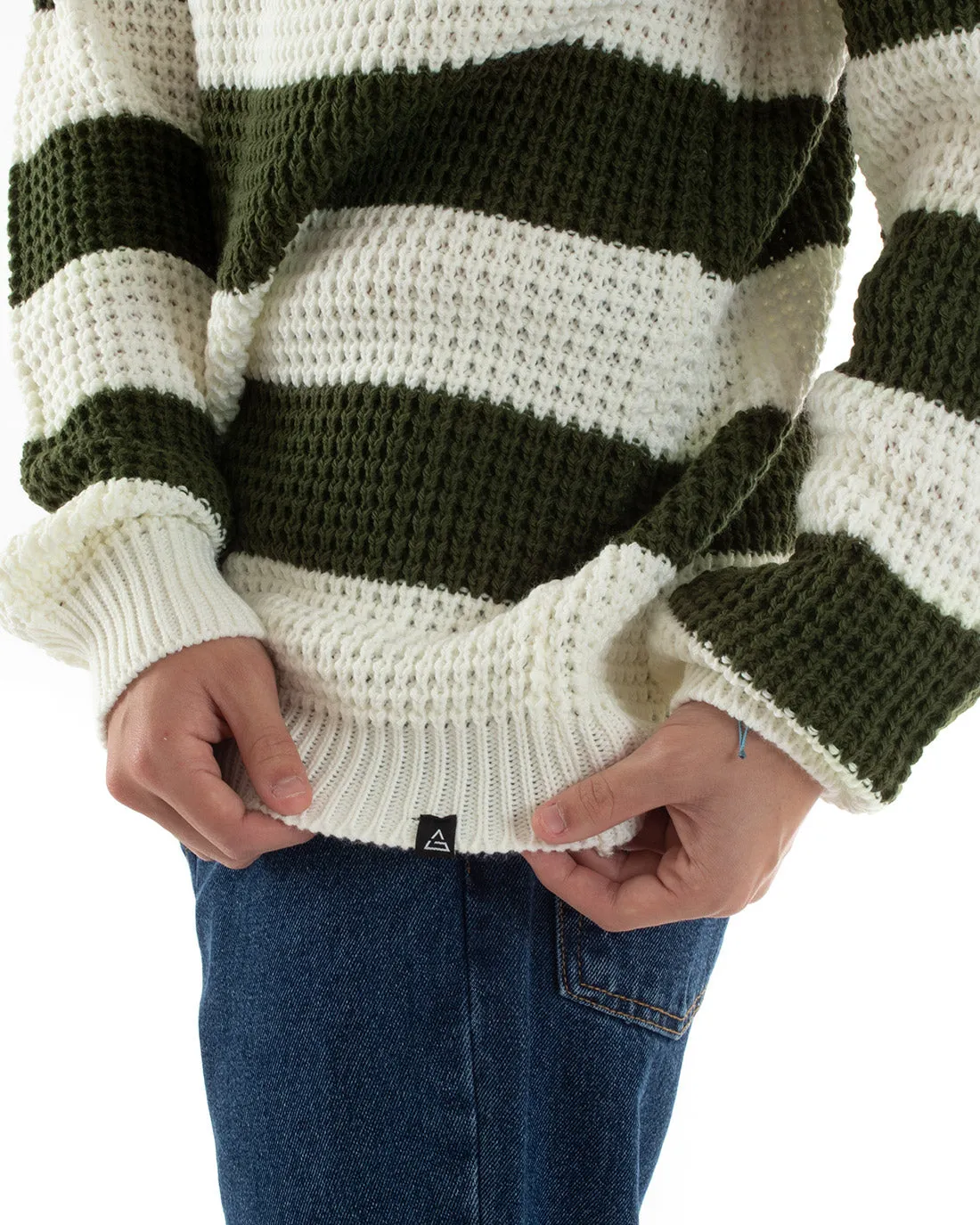 Maglione Uomo Maglioncino Maglia Pullover Rigato Bicolore Girocollo Verde Bianco GIOSAL-M2612A