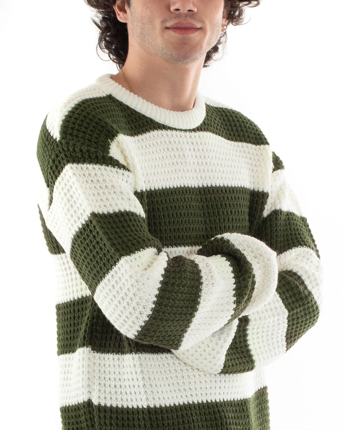 Maglione Uomo Maglioncino Maglia Pullover Rigato Bicolore Girocollo Verde Bianco GIOSAL-M2612A