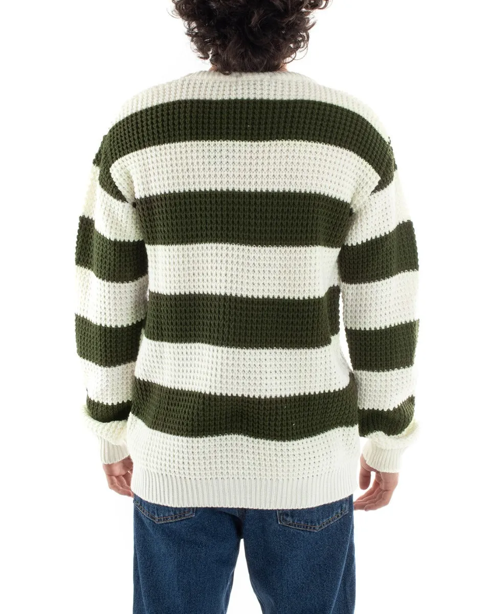 Maglione Uomo Maglioncino Maglia Pullover Rigato Bicolore Girocollo Verde Bianco GIOSAL-M2612A