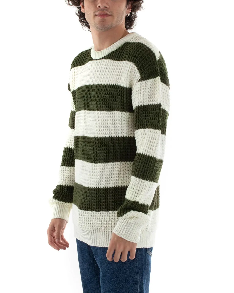 Maglione Uomo Maglioncino Maglia Pullover Rigato Bicolore Girocollo Verde Bianco GIOSAL-M2612A