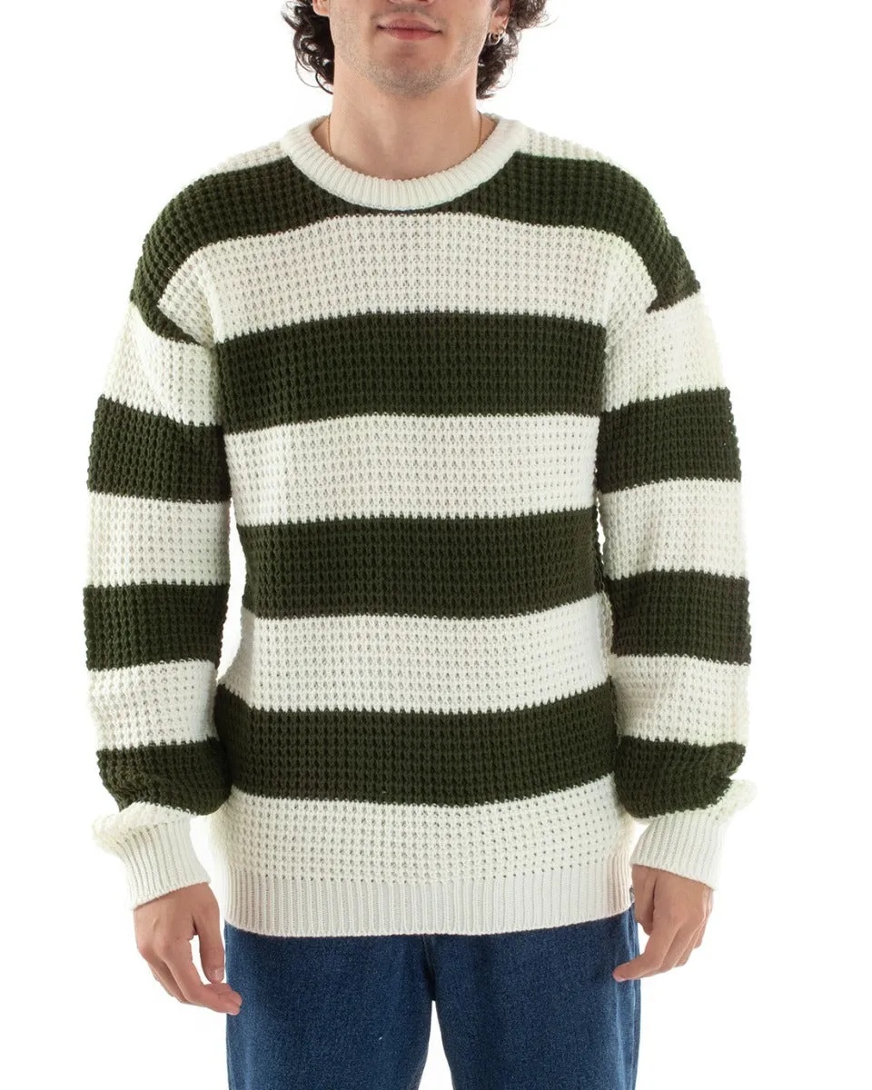 Maglione Uomo Maglioncino Maglia Pullover Rigato Bicolore Girocollo Verde Bianco GIOSAL-M2612A