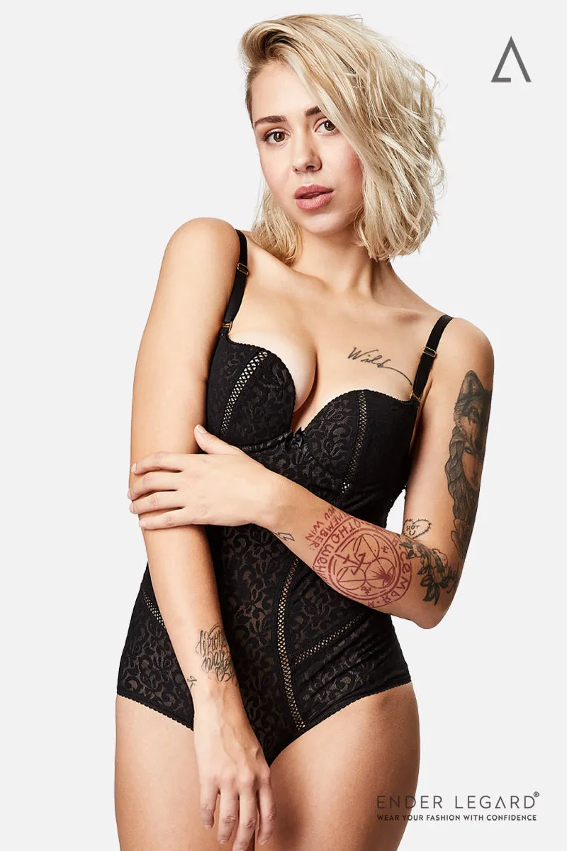 MIA Backless Bodysuit with Plunge Bra in Jacquard Mesh (Black)