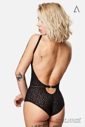 MIA Backless Bodysuit with Plunge Bra in Jacquard Mesh (Black)