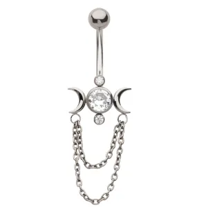 Moon Phase Clear CZ Double Dangle Chain Internally Threaded Titanium Belly Button Ring