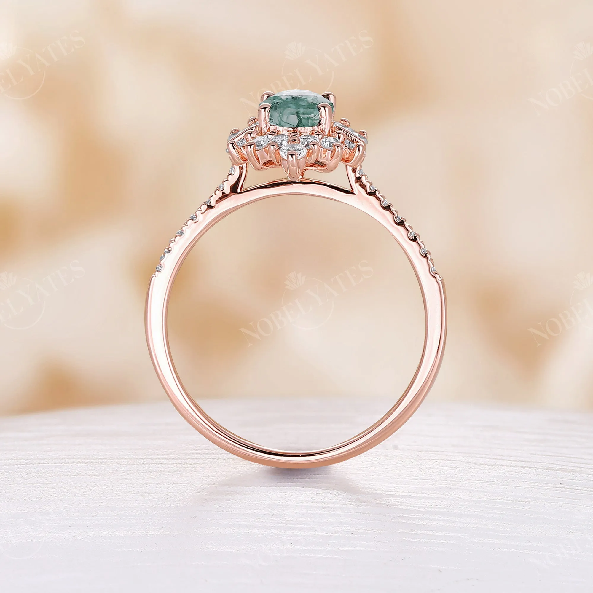 Moss Agate Art Deco Oval Cluster & Pave Engagement Ring Rose Gold