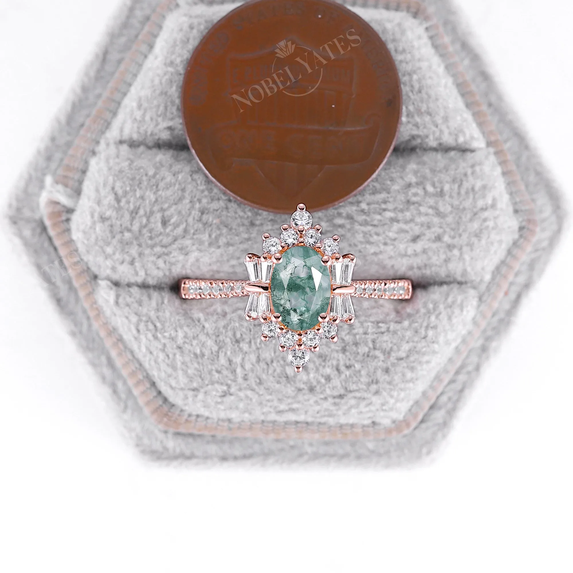 Moss Agate Art Deco Oval Cluster & Pave Engagement Ring Rose Gold