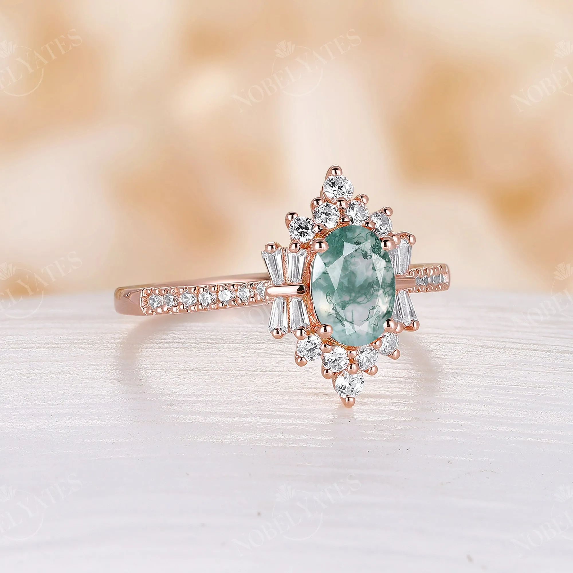 Moss Agate Art Deco Oval Cluster & Pave Engagement Ring Rose Gold