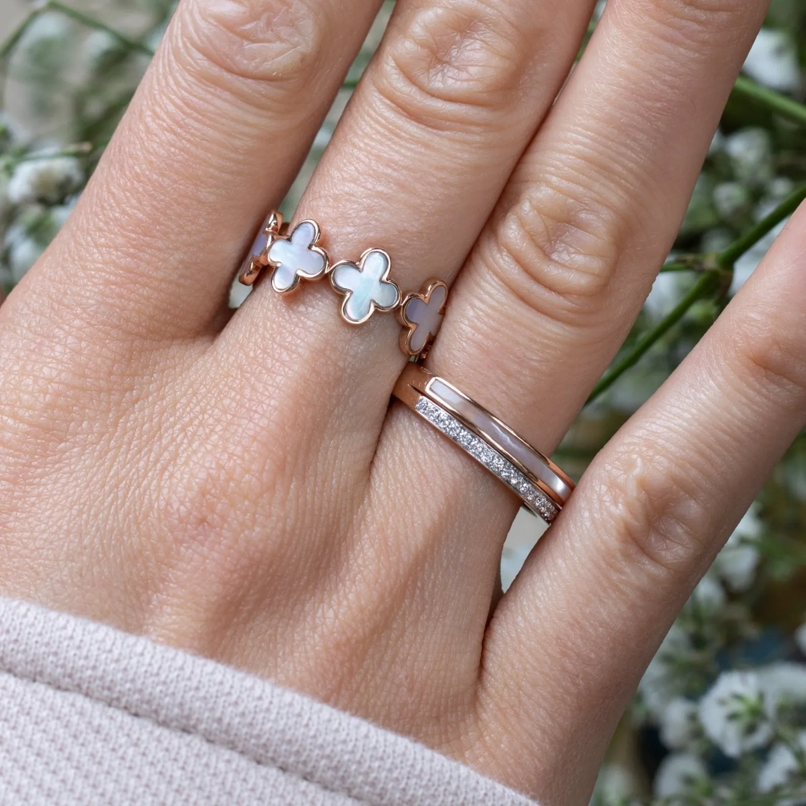 Mother of Pearl Clover Eternity Ring