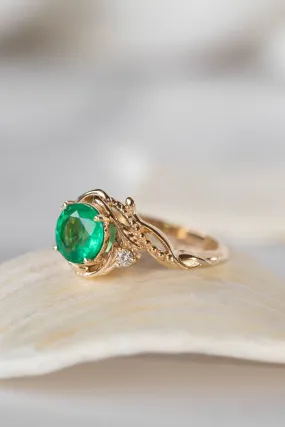 Natural emerald and diamonds engagement ring, elvish nature inspired gold ring / Undina