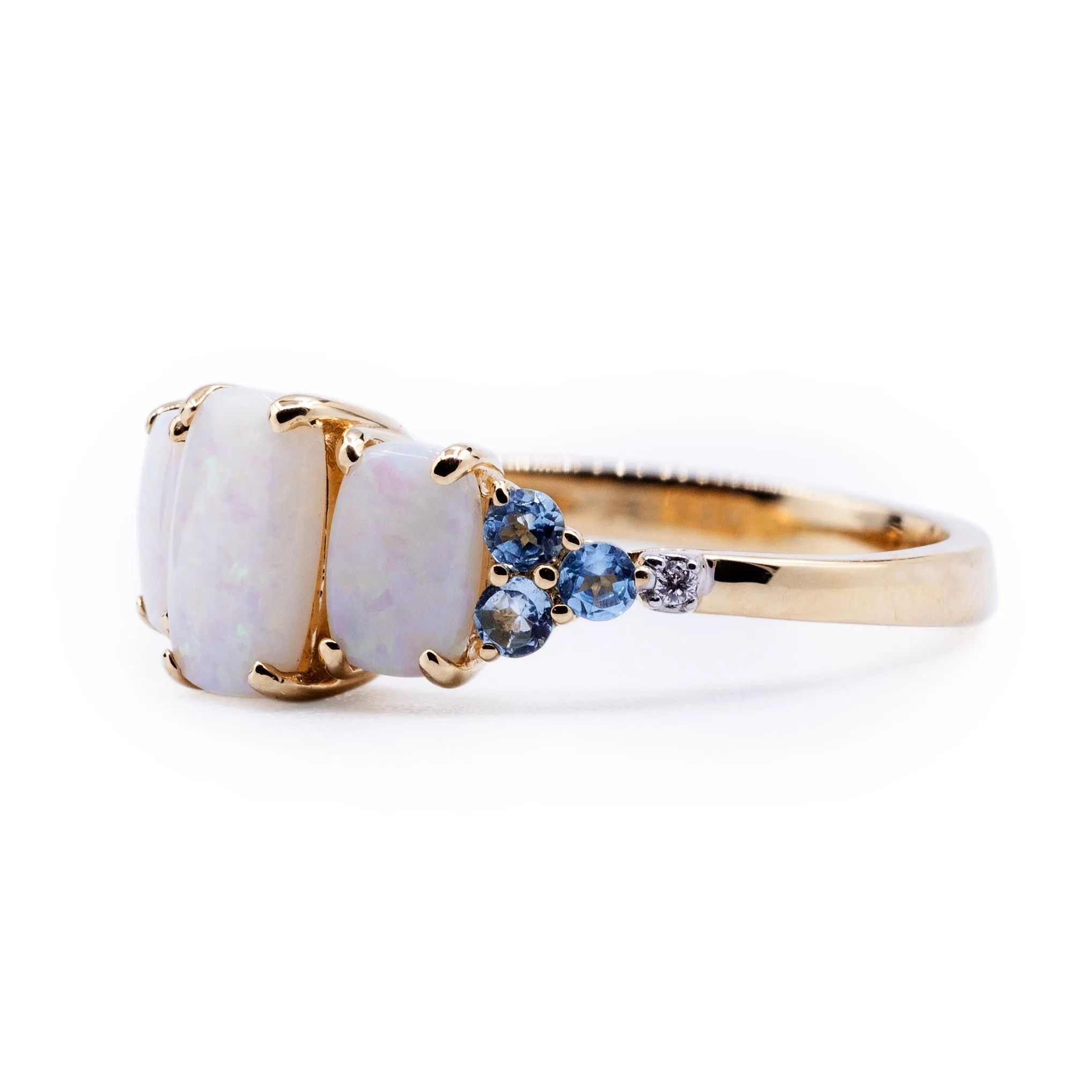 Natural White Opal with Swiss Blue Topaz & Diamond 3 Stone Ring