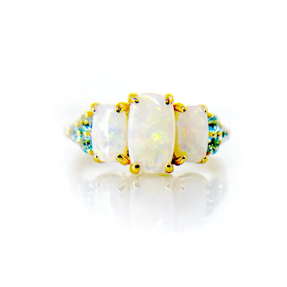 Natural White Opal with Swiss Blue Topaz & Diamond 3 Stone Ring