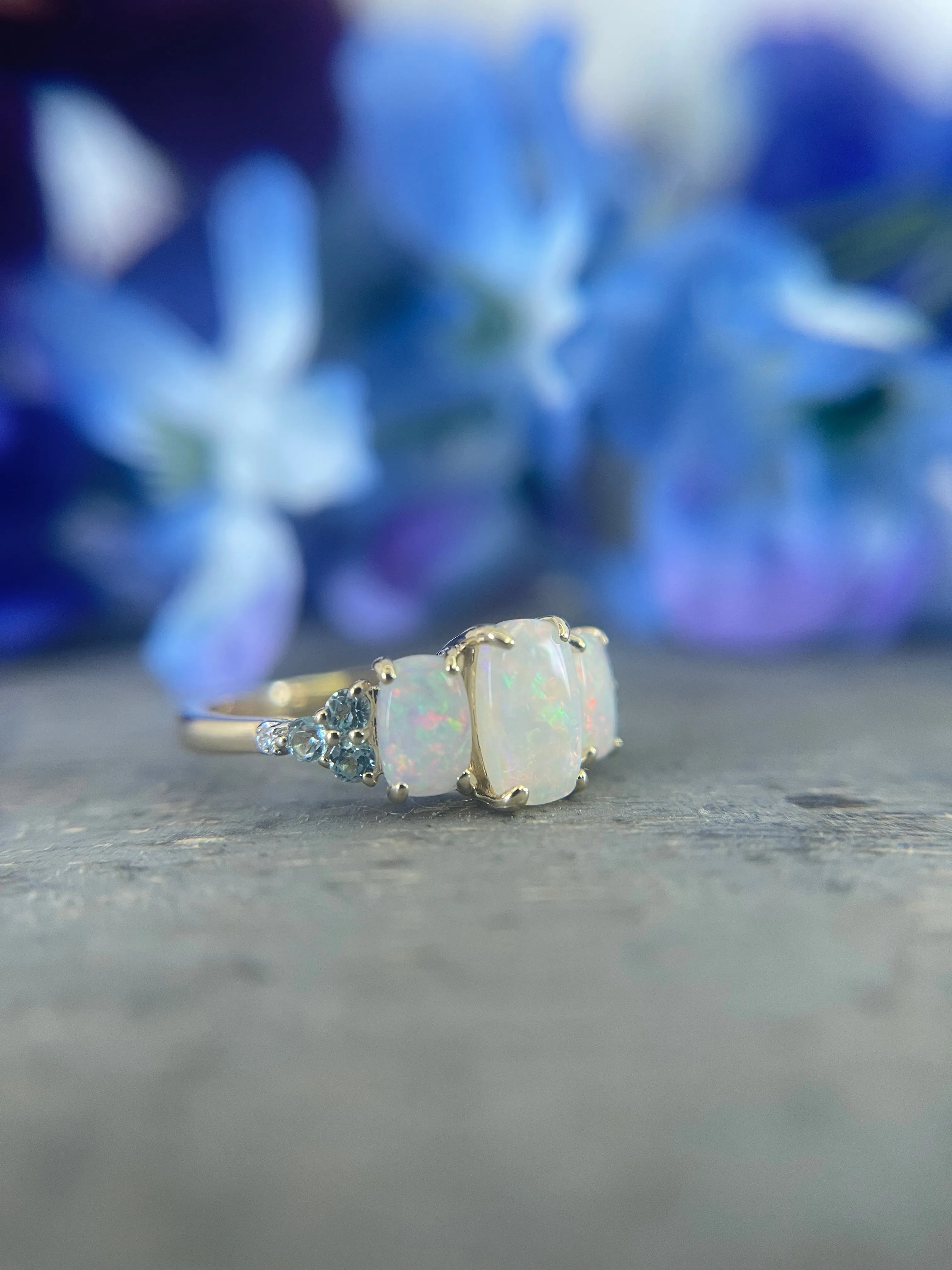 Natural White Opal with Swiss Blue Topaz & Diamond 3 Stone Ring