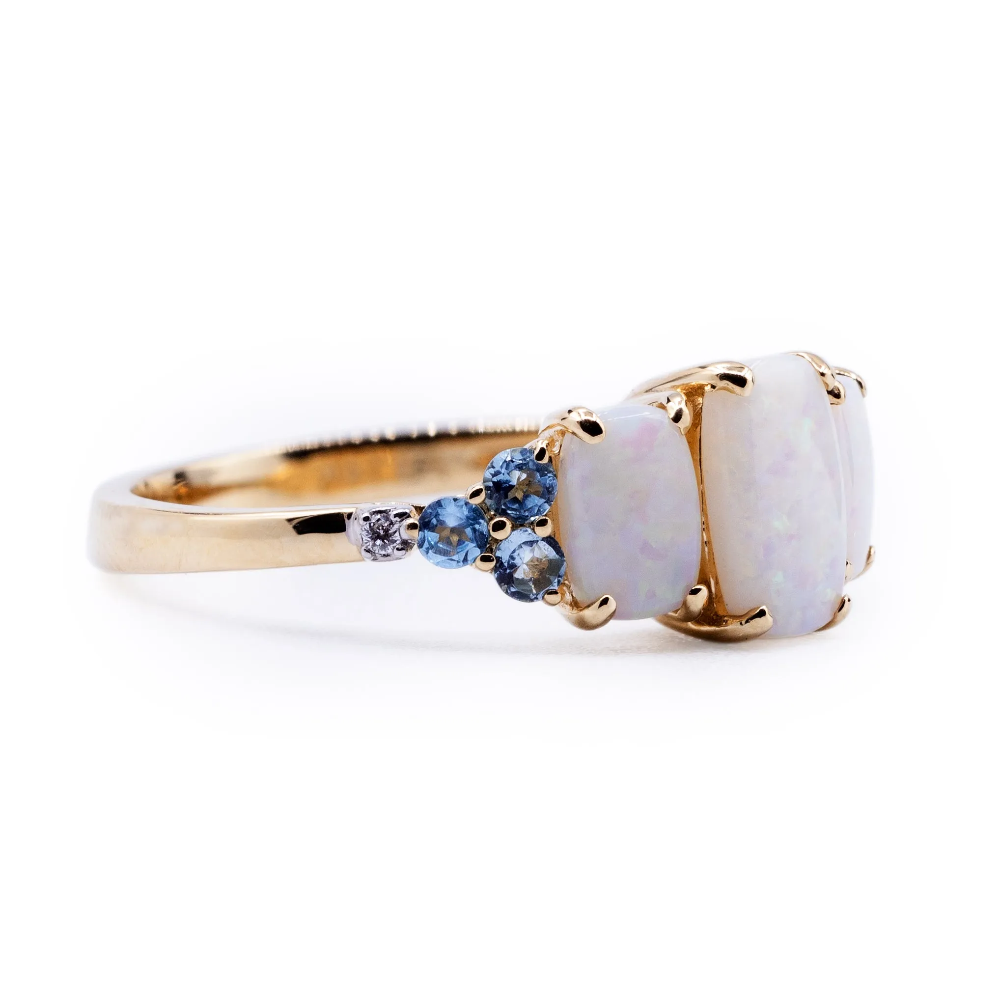 Natural White Opal with Swiss Blue Topaz & Diamond 3 Stone Ring