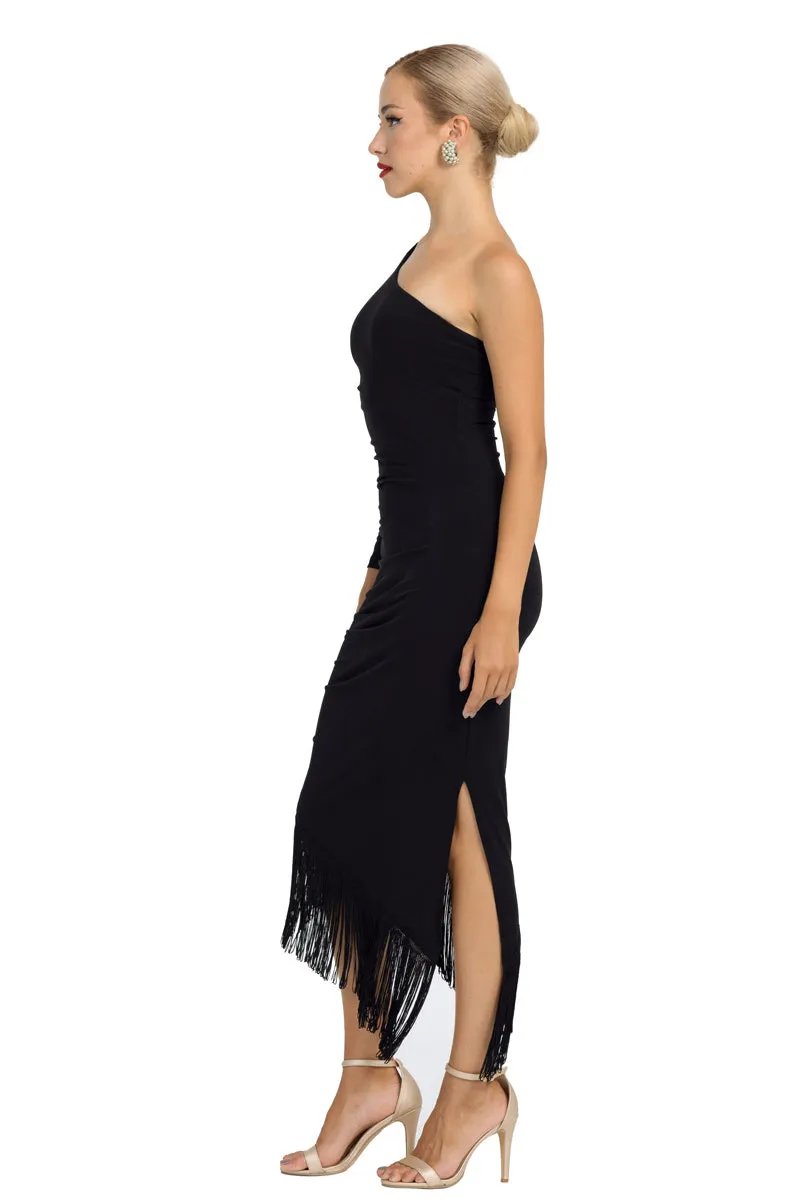 One-Sleeved Asymmetric Midi Dress With Fringe