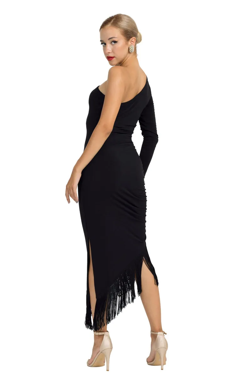 One-Sleeved Asymmetric Midi Dress With Fringe