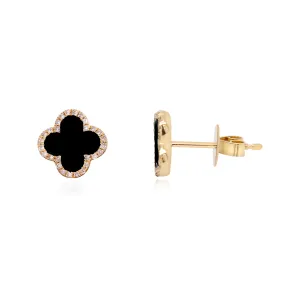 Onyx Diamond Clover Stud Earrings