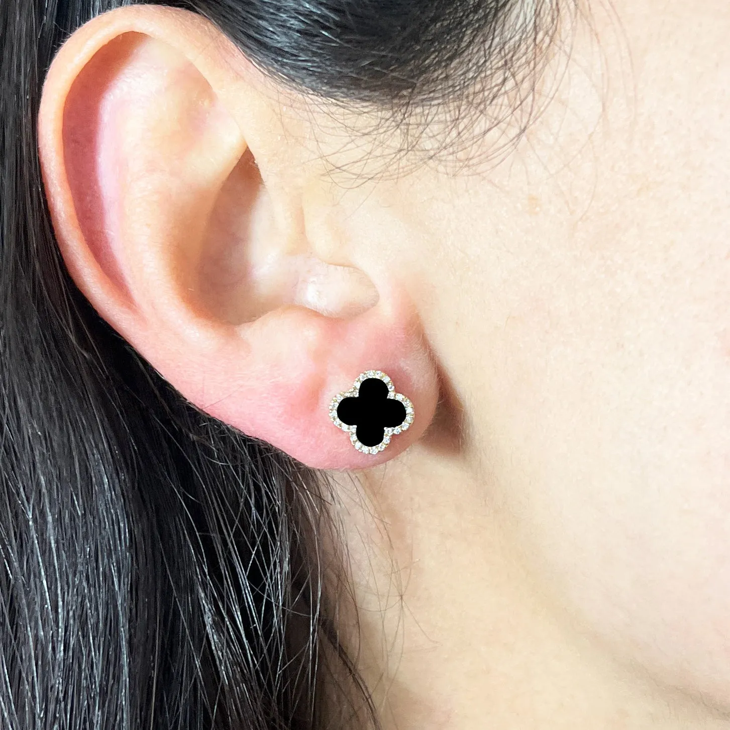 Onyx Diamond Clover Stud Earrings