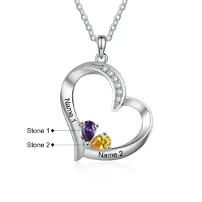 Personalized 2 Names And Birthstones Engraved Heart-Shaped Pendant