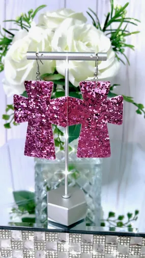 Pink Color Glitter Cross Earrings