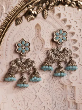 Rubans Oxidized Traditional Earrings in White and  Blue Studded Stones and Jhumka Danglers