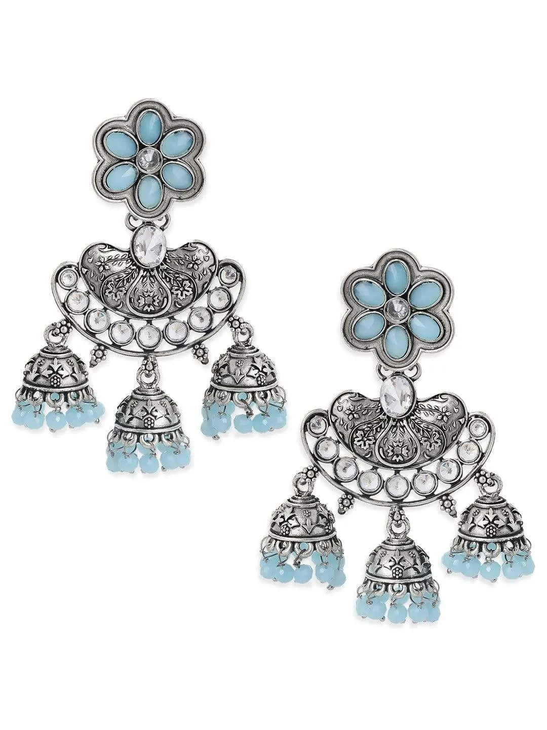 Rubans Oxidized Traditional Earrings in White and  Blue Studded Stones and Jhumka Danglers