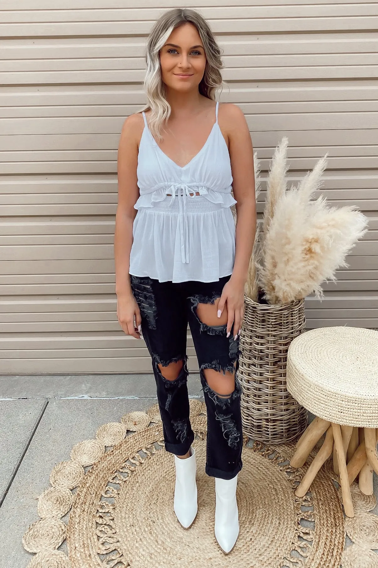 Ruffle Shirring White Tank