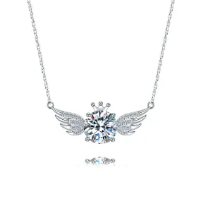 S925 Silver Angel Feather Wings Round Cut CZ Diamond Pendant Necklace