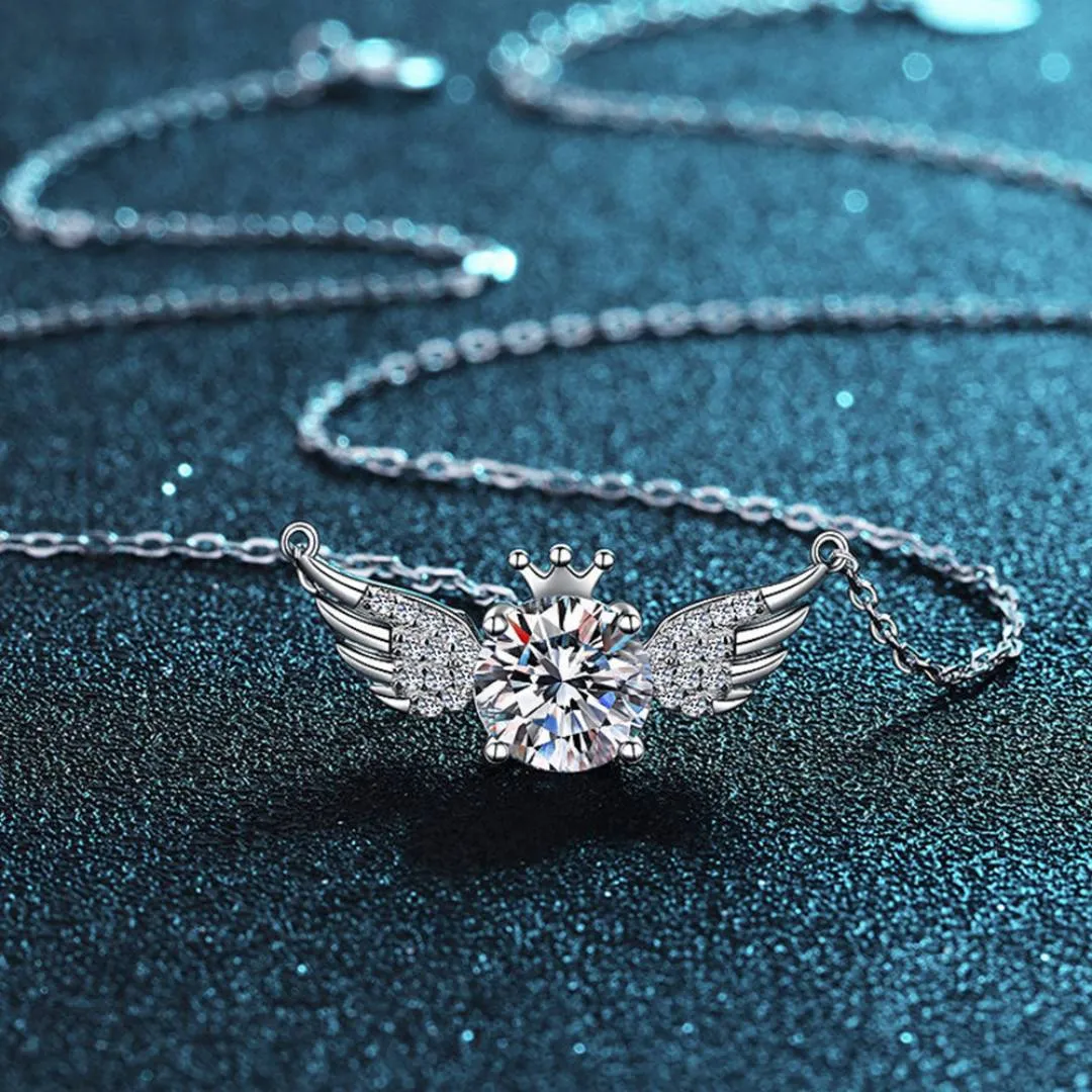 S925 Silver Angel Feather Wings Round Cut CZ Diamond Pendant Necklace