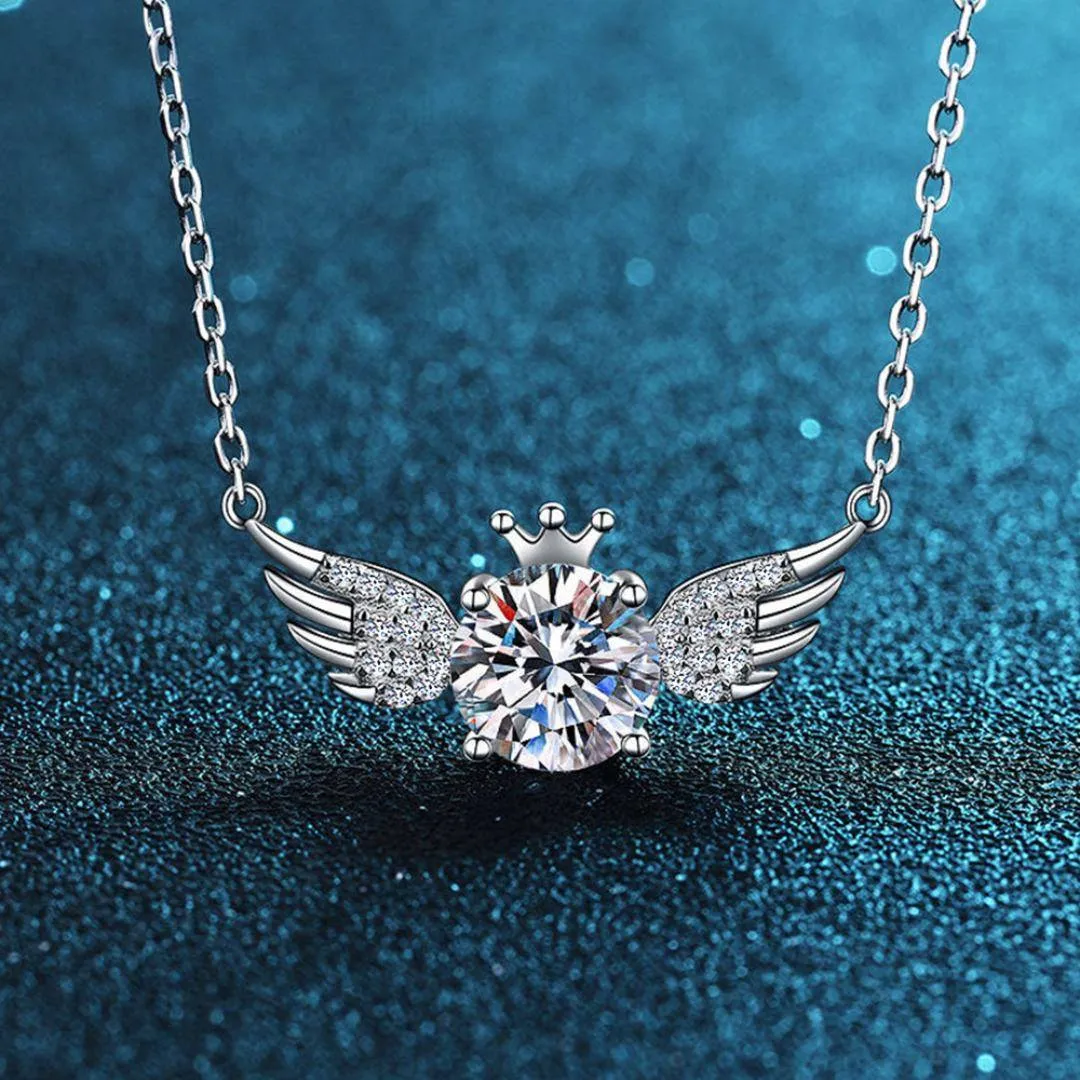 S925 Silver Angel Feather Wings Round Cut CZ Diamond Pendant Necklace