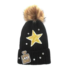 Sequin Perfume Star Patch Beanie Hat With Pom Pom