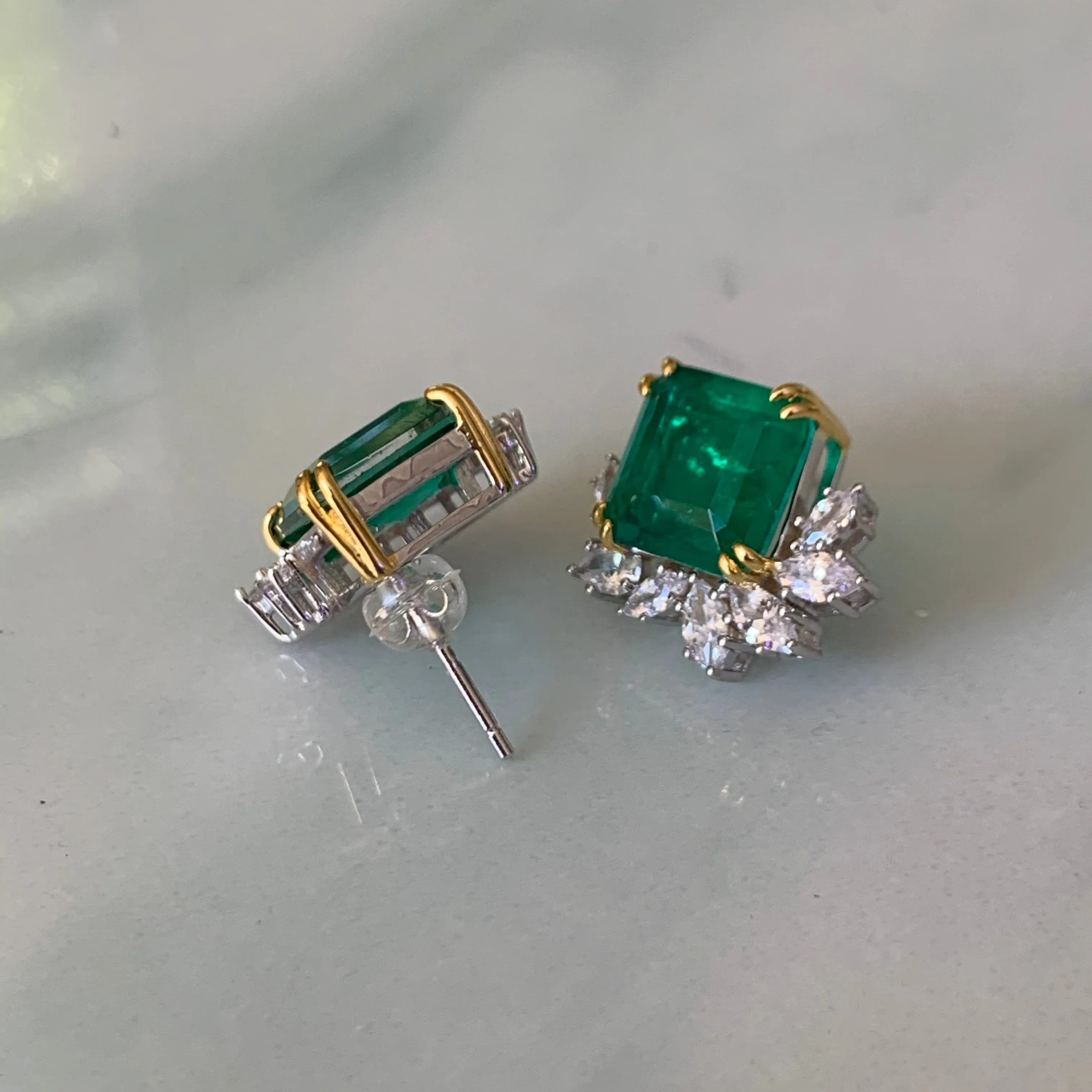 Sterling silver emerald earrings with marquis cz diamond