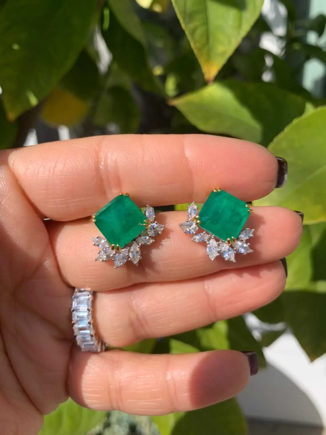 Sterling silver emerald earrings with marquis cz diamond