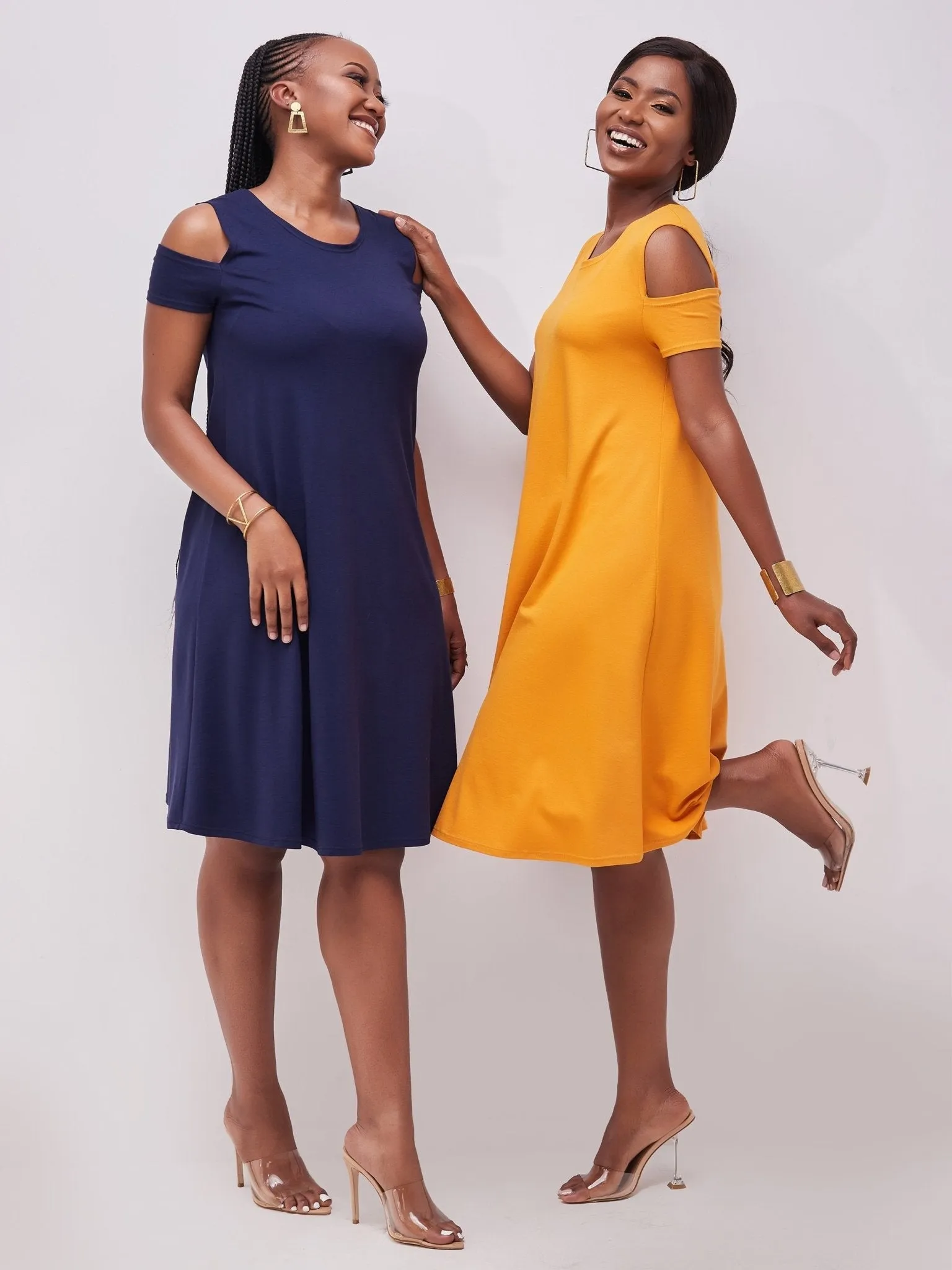 Vivo Lamu Knee Length Cold Shoulder Dress - Mustard