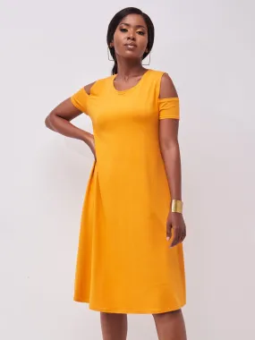 Vivo Lamu Knee Length Cold Shoulder Dress - Mustard