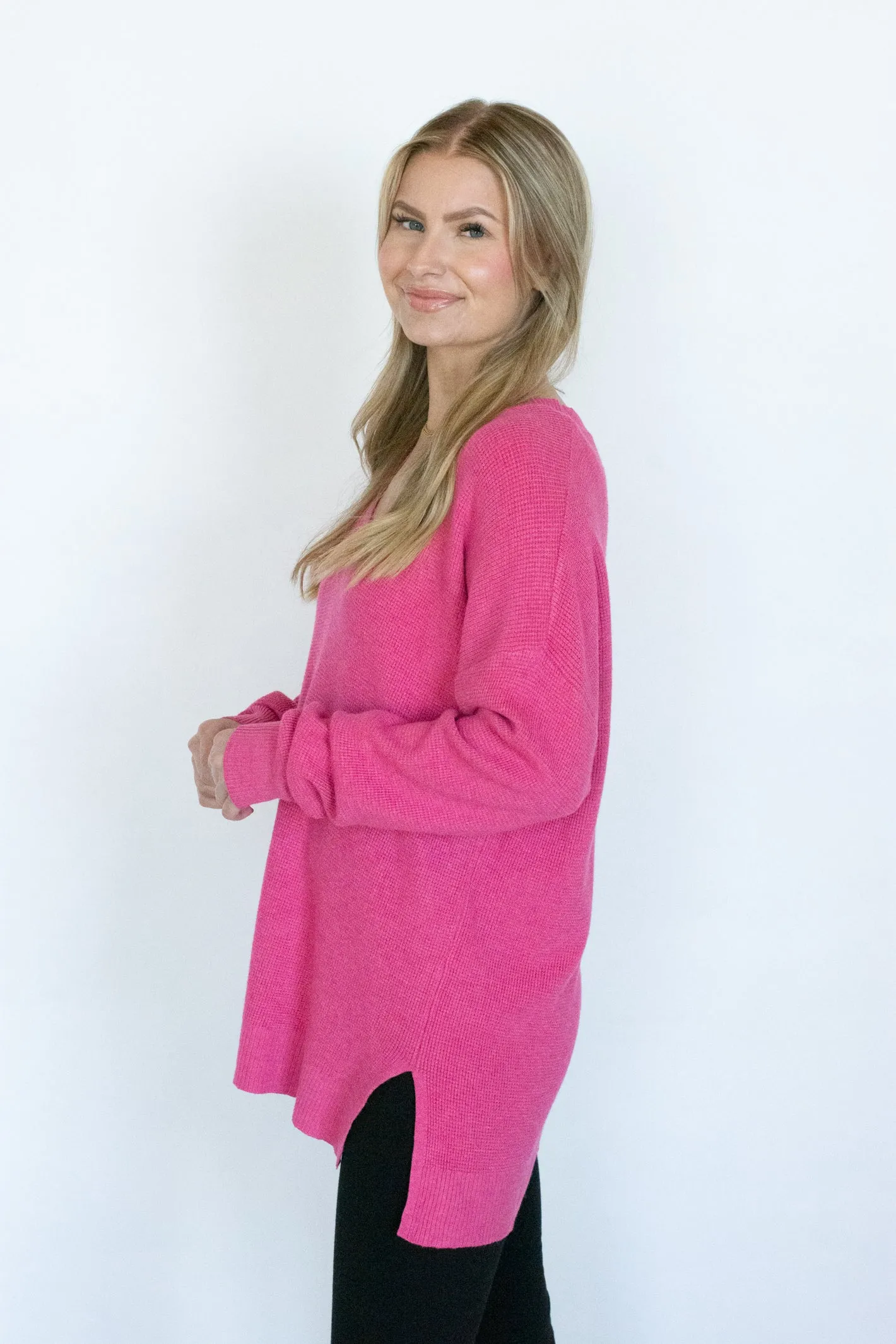 Wintery Wonders Fuschia Waffle Knit Sweater